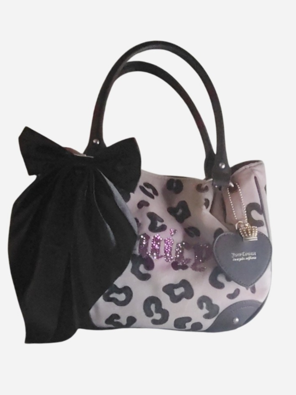 Juicy Couture Retro Vibe Pink Leopard Tote with Black Bow and Heart Charm